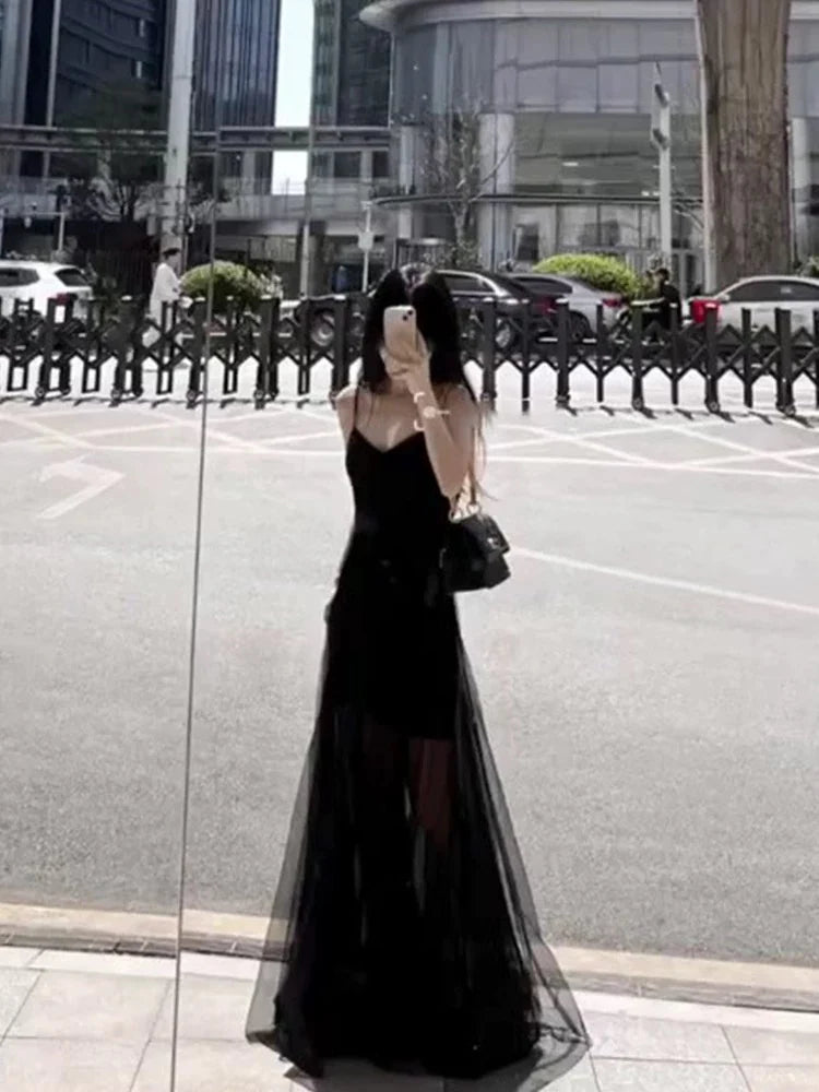 Wholesale Vintage A Line Spaghetti Straps Black Chiffon Long Evening Dress Prom Dresses formal wear dresses